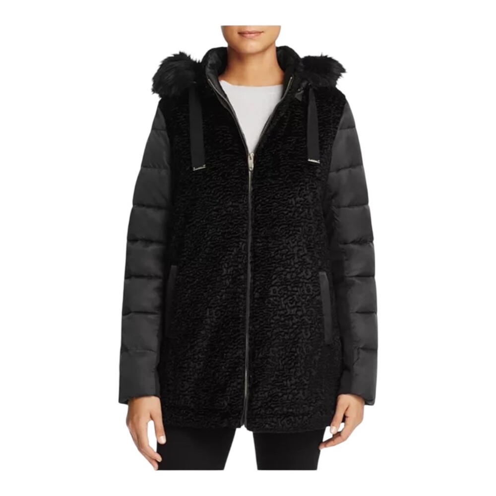Via Spiga Black Faux Fur Zip Puffer Coat Mixed Media Women's Size Large